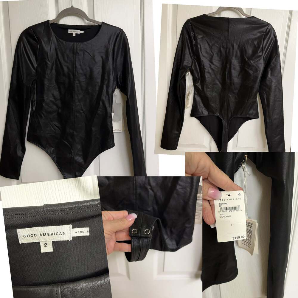 Good American Black Faux Leather Long-Sleeve Bodysuit NWT size 2 small
